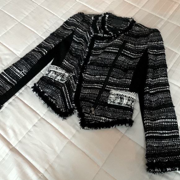 Mcginn Black White Tweed Boucle Metallic Moto Crop Fray Raw Edge Blazer Jacket - Picture 16 of 16